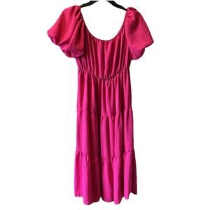 SEE YOU MONDAY Maxi Dress Womens Size Small Hot Pink Ruffle Puff Sleeve Summer